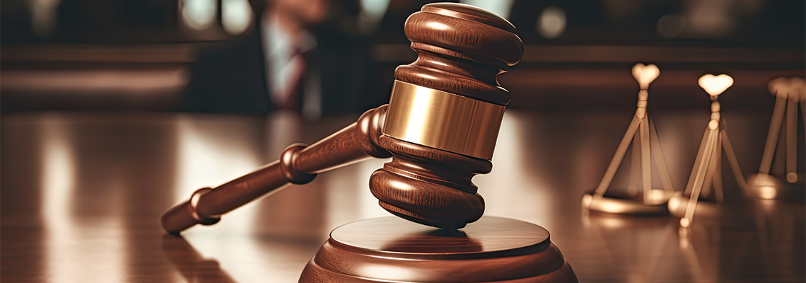 Court of Justice and law trial gavel on table