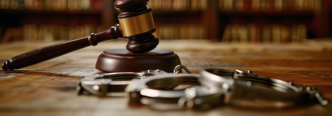 Gavel and handcuffs in table